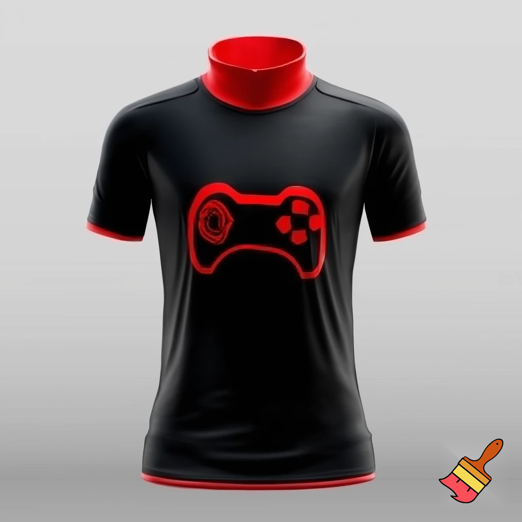 Crea una maglia da calcio nera con un colletto alto rosso e altri dettagli in rosso. È nera. Al centro ha un controller da videogiochi nero con i contorni che richiamano il colore del colletto. Fai vedere tutta la maglia