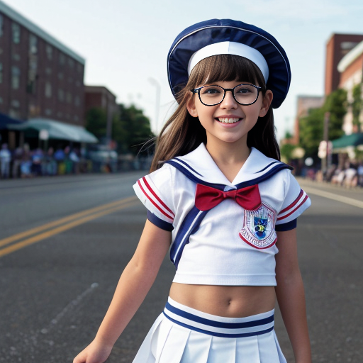 Cute adorable niña Chilindrina glasses con hair lazo con verano sailor uniforme escolar con zapatos negros escolar con calcetines blancos con sombrero sailor con grupal con caminar con desfile Estados Unidos América bandera con ciudad 16