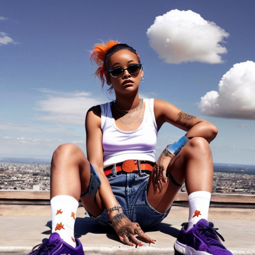 Rihanna orange tanktop belt blue short jeans purple socks orange and white sneakers on a sitting Cloud in the Sky