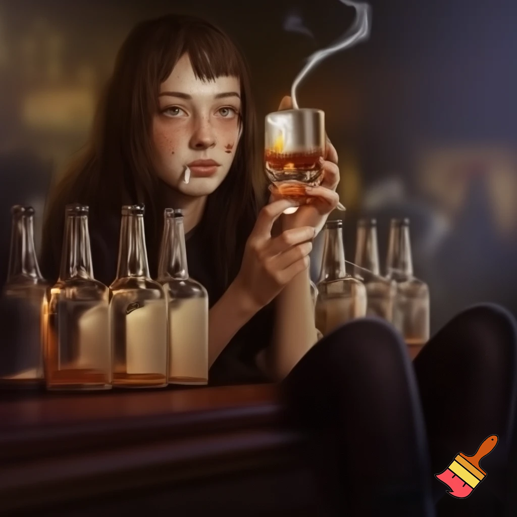 an extremely drunk 26 year old british girl with freckles in her hand and face wearing black leggings and t shirt at a bar with a cup of whiskey in her hand with a cigarette in her mouth and 8 empty bottles of whiskey 