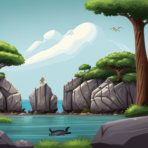 safari landscape, sea critters and fish strewn about, attempting to hide in the landscape, (behind rocks, hanging from trees, etc) Generate it in a cartoonish style.