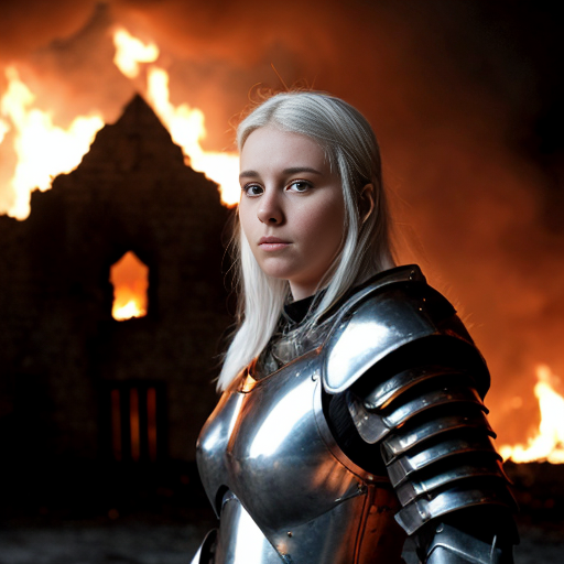 young white-haired woman in armor stands in front of a burning castle into which me
