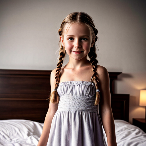 swedish blonde little girl with braids and night dress, on the bedroom