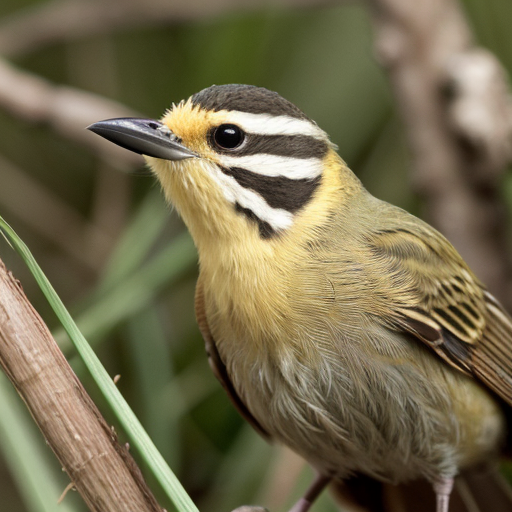 A small warbler-like songbird with a rounded body, olive-brown upperparts, plain wings, a bright yellow throat and upper chest, pale whitish belly, and a medium-length slightly rounded tail. The adult male has a distinctive black facial mask across the eyes and forehead, bordered above by a thin pale whitish or grayish line, creating a bandit-mask appearance. The bird often appears in dense low vegetation, reeds, shrubs, marsh edges, or tangled grasses.