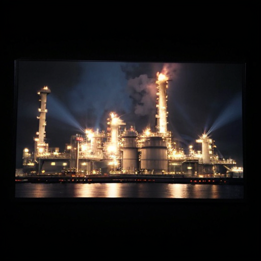 dark blue background with refinery on the right side blending into the dark blue background. The refinery should occupy only 25% of the total area.