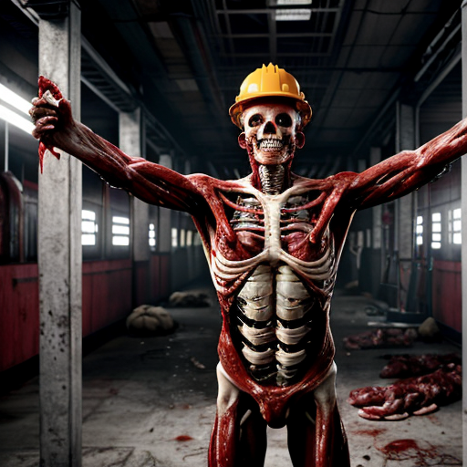Photorealistic cinematic horror still, grim industrial human abattoir processing facility, blood-drenched concrete walls with exposed rusty pipes and flickering fluorescent lights, long conveyor belt carrying piles of naked flayed human corpses with realistic wet muscle tissue, exposed bones, and glistening blood, scattered entrails and meat chunks on the floor, workers in stained overalls and hard hats handling hooks and bodies with exhausted or horrified expressions, hanging dismembered torsos on overhead meat rails, massive background machinery like giant grinders, visceral body horror and industrial decay, inspired by Texas Chain Saw Massacre, David Cronenberg, H.R. Giger biomechanical style, and Goya's grotesque paintings, ultra-detailed textures, subsurface scattering on skin and blood, cinematic volumetric lighting, raw photorealism, 8k, horror atmosphere --ar 3:4 --stylize 50