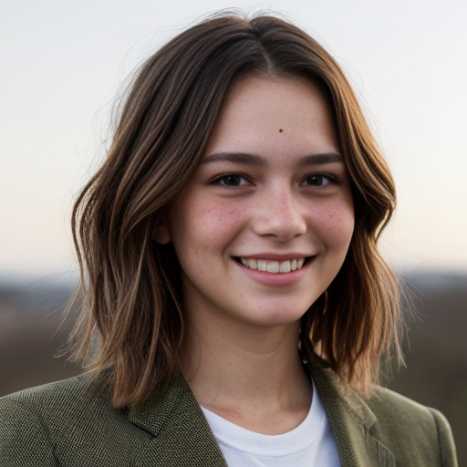 A young, light-skinned woman is positioned in the center of the frame, smiling broadly with her head tilted slightly. She appears to be in her early twenties. Her short, choppy hair is red-brown color. She's wearing a light olive blazer over a white t-shirt. The woman has a slender build.
her skin is heavily speckled with numerous, small freckles, a prominent feature that covers her face, including the forehead, cheeks, nose, and chin. The environment has a casual, bright feel. The perspective is at eye-level. The composition is well-balanced, emphasizing the subject's cheerful xpression. The lighting is soft, highlighting the colors of her clothing and hair. The style is contemporary and youthful