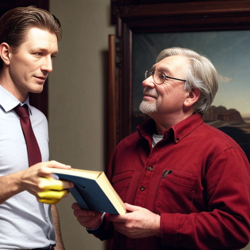 God holding a book with seven red seals on it and John looking up at him
