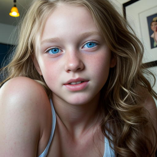 teen ,, , lifelike, portrait, highly detailed, , sharp focus, illustration, art by kittichai  and james gurney and alphonse mucha, ,  with curly blond hair and vibrant blue eyes, photorealistic, at her room, laying