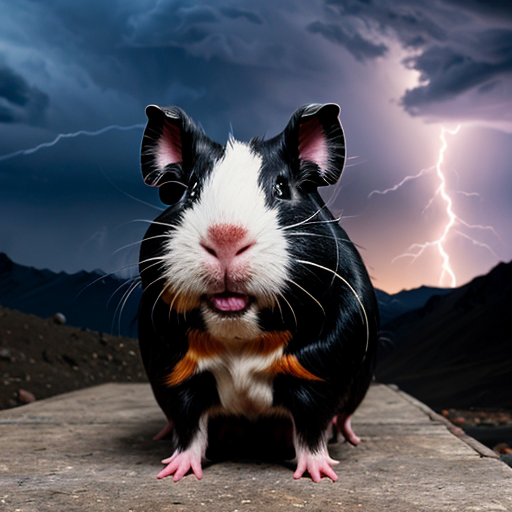 teddy the guinea pig is round in an epic pose with Elbrus on its back as part of its body, with blue neon eyes and atomic breath in the clouds and thunderstorm, with cinematic lighting for drama