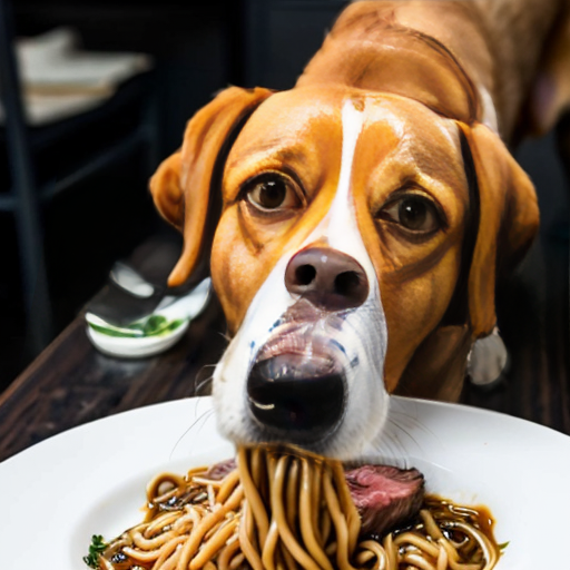 A dog eating a burnt steak with noodles
