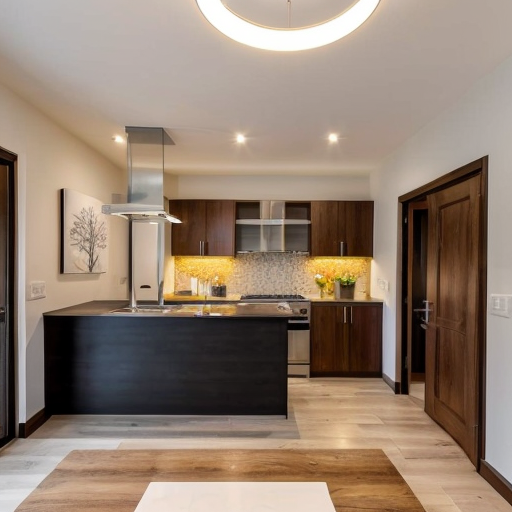 generate an interior picture of a commercial room , The second photo is the most suitable of the ones presented
commercial premises, with a 2.5-meter-long and 2.7-meter-high wall on the left, with 5 4-centimeter-wide pecan-colored boards on the left and right edges of the wall, and black wallpaper with gold-colored thin stripes in between. There is also a 60-centimeter-wide and 2-meter-high decorative panel with a floral pattern, and a 60-centimeter-wide and 2-meter-high mirror. the second wall begins with 50 cm of 4 cm wide pecked walnut-colored slats, followed by a 1.80 m long and 1.3 m high counter with a glass in the middle that is illuminated from the inside with yellow light, then 90 cm of slats that are pecked at regular intervals, and the wall ends with a door that matches the color of the counter. The third wall is covered with decorative plaster. Design this room in a modern and stylish manner.