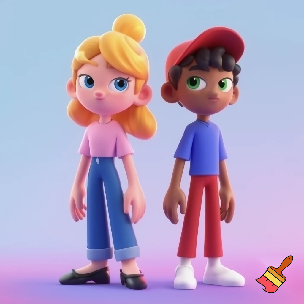 A girl with yellow hair, blue eyes, black shoes, blue jeans, pink shirt and the ponytail. and A boy with black hair, dark skin, green eyes, white shoes, red pants, blue shirt and a red cap.