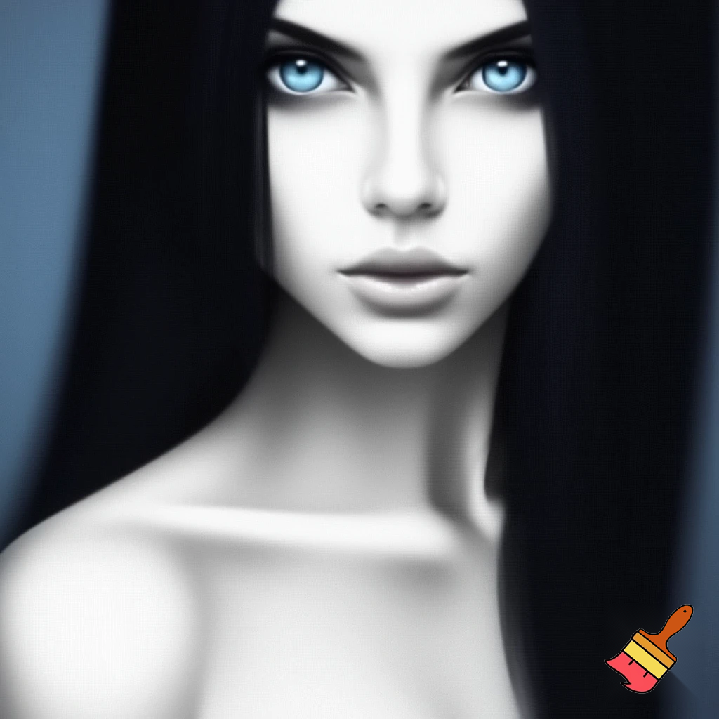 Female long black straight hair , ocean blue eyes, white skin drawing, no make and not realistic and drawing 
