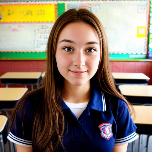 woman with long cirly brown hair in school uniform