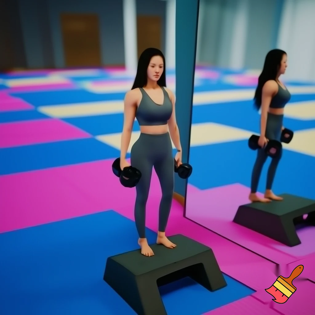 "A woman in athletic leggings holding dumbbells, standing in front of an exercise step. The floor is made of blue and pink tatami mats. On one side of the room, there’s a large mirror reflecting the scene. The gym has a clean, modern vibe, with well-lit space and a motivating atmosphere."