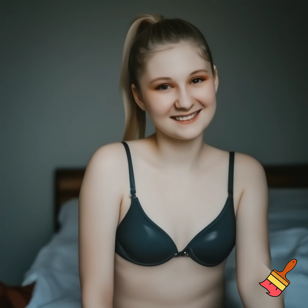  A 20‑year‑old woman with light hair tied in a ponytail, smiling shyly at the camera while wearing a tace bra and t string , bed room background, realistic style. She has a little make up