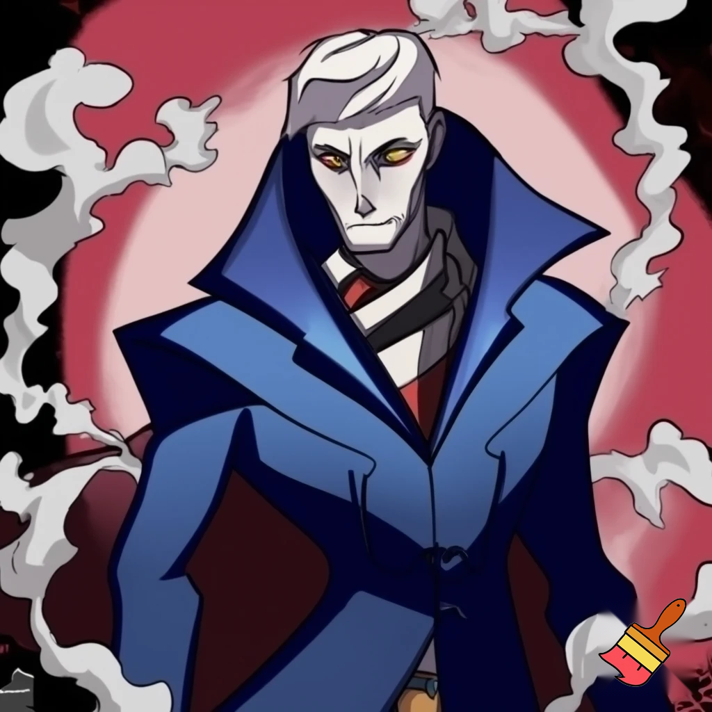 Percival de rolo from Vox Machina in the art style of hazbin hotel wearing his signature blue overcoat and smoke curling around him