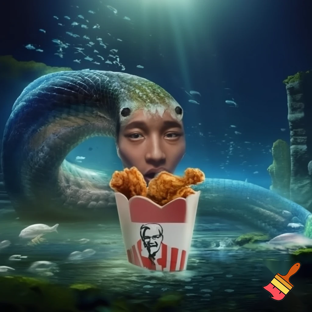 snake with human head in ocean eating KFC

