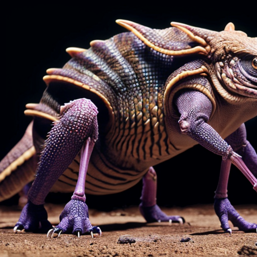 Generate a creature that stands on 4 legs, has large claws on the front and back legs.
Has scales along its body that are shades of brown
Have this creature be burrowing underground 