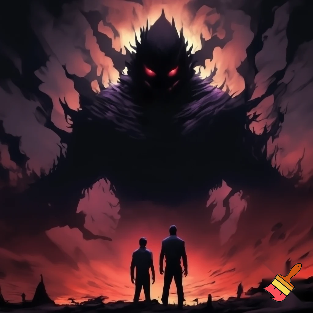 2 people with a demon behind them