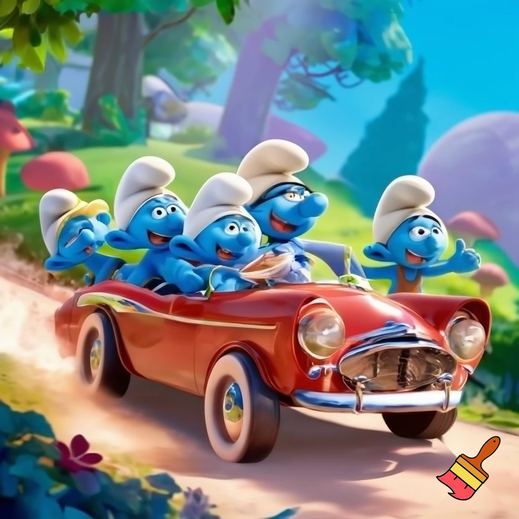 Smurfs riding a car.