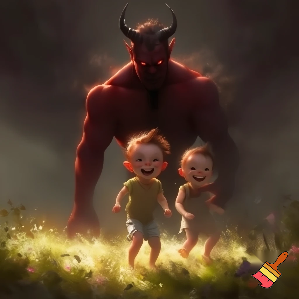 Male devil standing behind two kids