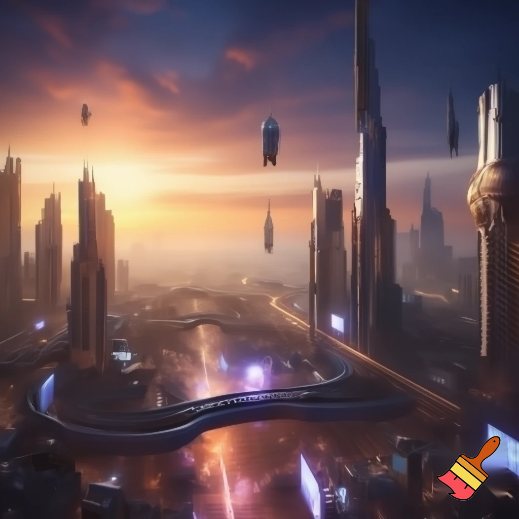 a futuristic cityscape at sunset, photorealistic