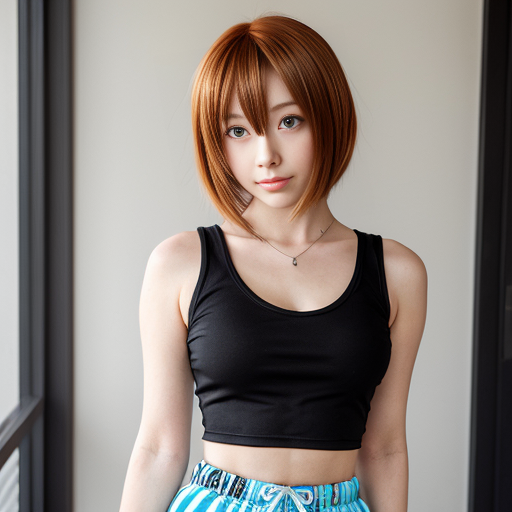 brown-red haired anime girl with a flat chest, kandi, black sweatpants, a black t-shirt, wolf cut hair, brown eyes