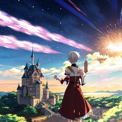 white-haired woman watches as meteorites fall on her castle
