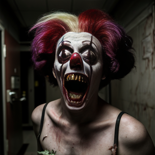 ​A​Photorealistic flash photography of a grimy, liminal hospital hallway. A group of creepy clowns with red, green, purple, straight, frizzy, trashyhair and stained, vintage striped outfits surround a towering, grotesque creature made of tangled intestines and dried maggots with a terrifying, gaping mouth. Eerie fluorescent lighting, dark surrealism, weirdcore aesthetic, macabre atmosphere