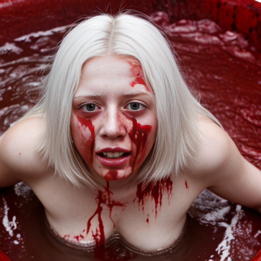 Young white-haired woman in a bloodbath