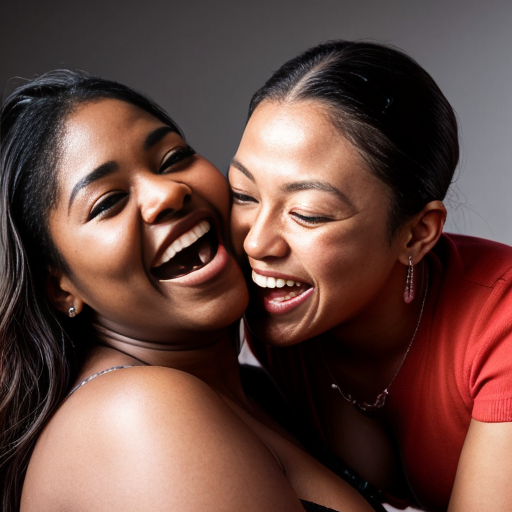 A curvy black ebony woman sitting naked on a male slaves face while kissing her Japanese half Latina curvy naked girlfriend while they both giggle as they kiss 