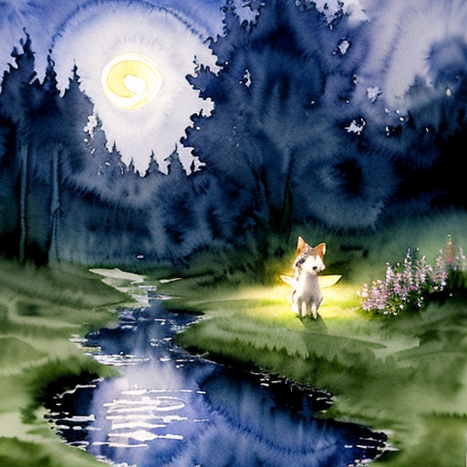 Kouzelná večerní scéna, lesní mýtina v noci, z potoka vychází jasná modrá záře  ze svítícího safíru. Malé štěně stojí na okraji louky,  sleduje světlo. Magická atmosféra. Pohádkový akvarel.