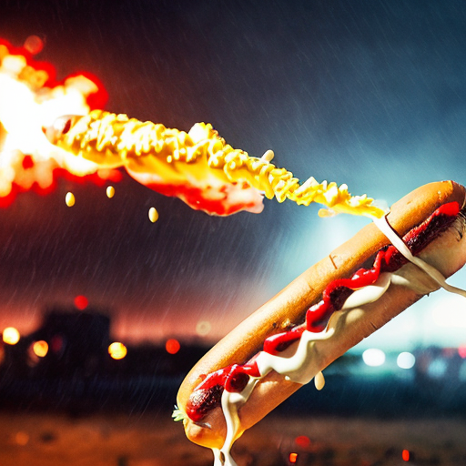 a war scene happening, war background, raining hotdog, and hotdog bomb explode in the air, gun make out of mustard and ketchup
