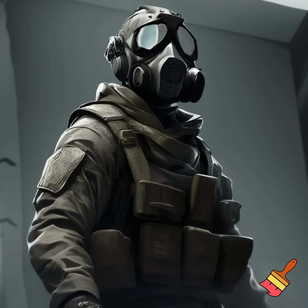 A swat soldier wearing moder gear with his fase coevr with a mask. full figure
