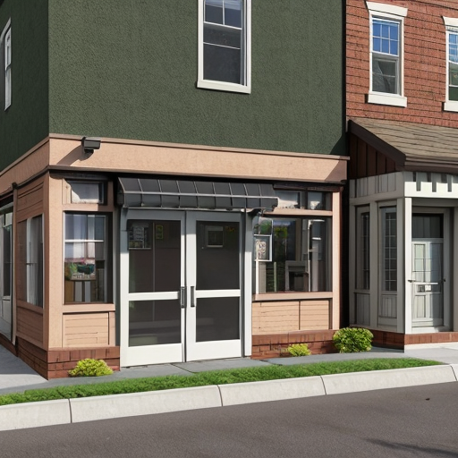 Generate an suburban neighborhood with one main rectilinear street and smaller, local streets separating off of it in a curved, varied manner. The urban space should have small street blocks with 5 or 6 uniform rectangular parcels and an interstate highway running along the edge of the neighborhood. Parcels should contain small square buildings and green garden areas behind them. Buildings should be mainly vernacular residential buildings (small homes) of about 2-3 floors with 2 or three small-scale commercial businesses on every other corner along the main street. 