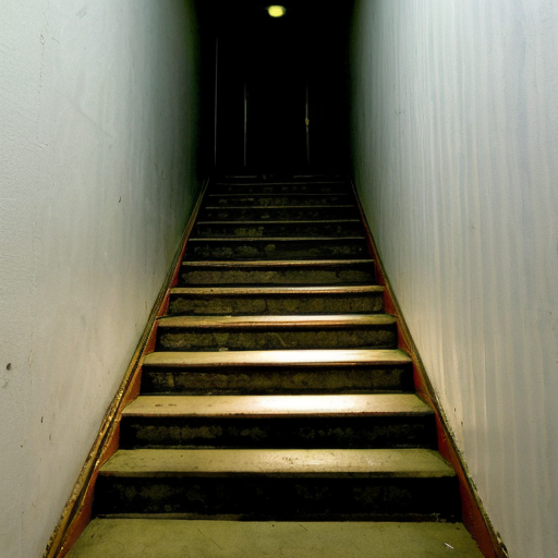 Old dimly lit apartament building stairwell post-soviet architecture 
