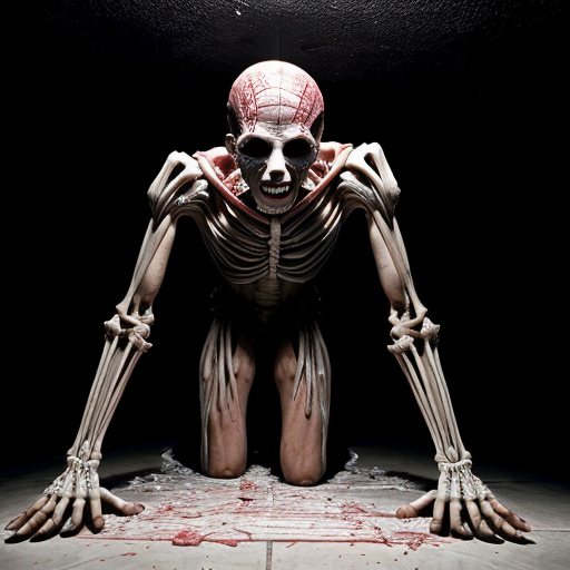 a cathedral-like slaughterhouse of impossible geometry—walls slick with blood that shouldn’t exist in a space this vast, ribbed arches of bone stretching into a ceiling lost in shadow. At the center, a grotesque humanoid figure kneels, its flesh stitched together from flayed skins, faces screaming silently where its muscles should be. Its elongated fingers cradle a still-beating heart, veins dangling like puppet strings, while inverted crosses drip wax onto piles of severed hands arranged in pentagrams. The floor is a mosaic of teeth and shattered glass, reflecting the dim, flickering light of black candles that burn without melting. In the background, silhouettes of twisted figures writhe mid-transformation—half-human, half-something worse—their limbs fused to the walls as if the building itself is digesting them. The air shimmers with the illusion of heat, though the scene is cold enough to see your breath, and every shadow seems to twitch with something just beyond perception.