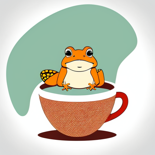 A hillarious, funny boho toad with some hippie colored coffee cups. Psychedelic decorated background. Gleaming and touchy, hyperrealism.