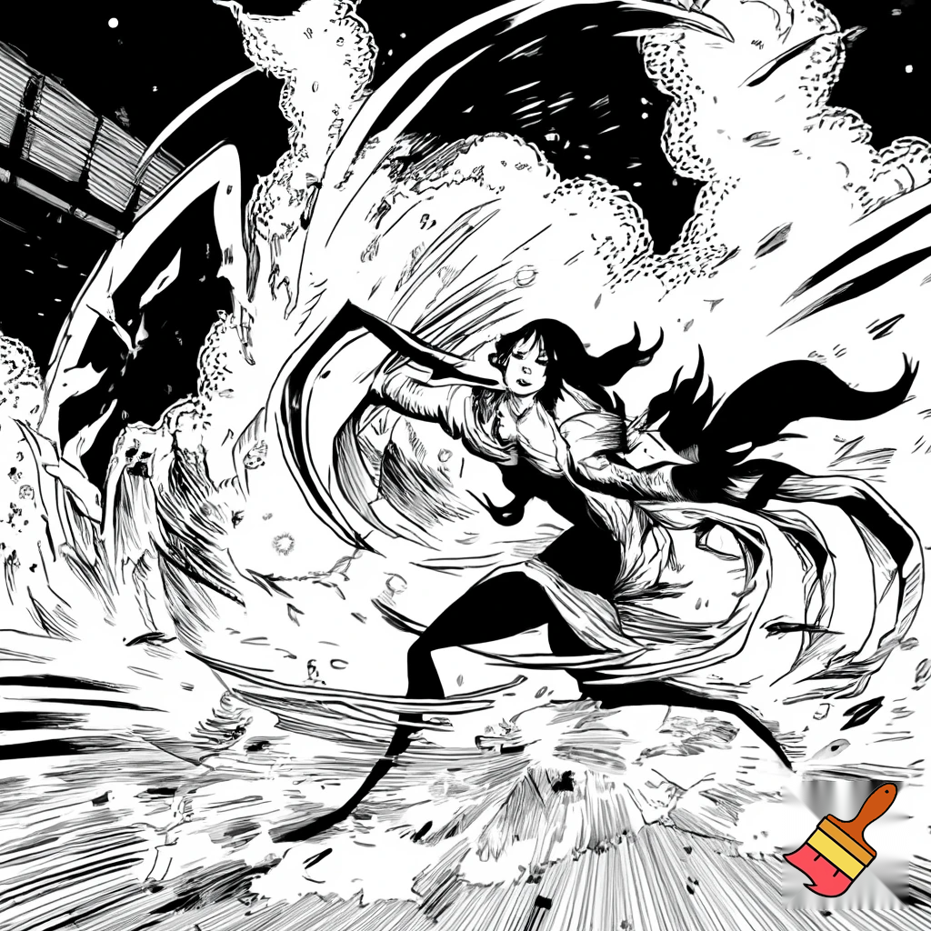 Characters and Action: Manga style, high-octane action panel of Mr. Krabs vs. Ruby Rose. Mr. Krabs with an angry, manga-style face and intense motion lines around his massive claws. Ruby Rose in a dynamic action pose, her Crescent Rose scythe clashing with his claws, speed lines around her.
Setting: Explosions and smoke in the background, stylized battle arena.
Art Style: Manga, black and white ink drawing, detailed linework, dynamic.
Quality: High contrast, expressive, panel art.