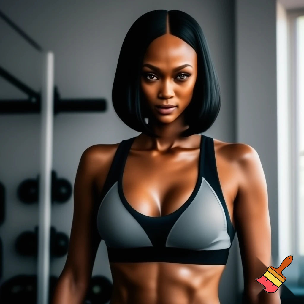 Tyra Banks with a black sleek middle part bob hair wearing a grey and black bra working out at home