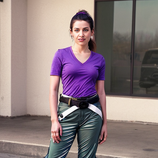 Generate a real life version of Aviva is a slender, young Hispanic woman in her 20s and above average height; she has long and bushy, armpit-length brown hair that she always ties back in a low ponytail, green eyes (with a slight grayish tinge), and tan skin. She usually wears a V-neck purple shirt and a yellow collared jacket with a blue stripe running down both of the sleeves, her pants are blue bell bottoms held by a black slim belt with a grey bolt on it, worn crookedly around her waist, and purple and white low-top sneakers.