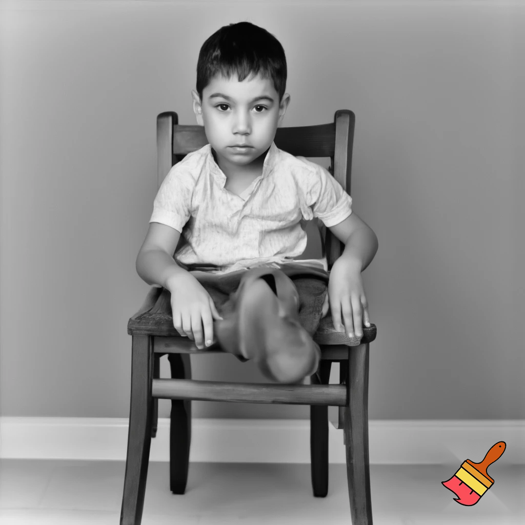 A boy sitting on the chair looking in front and made with pencil no colour 