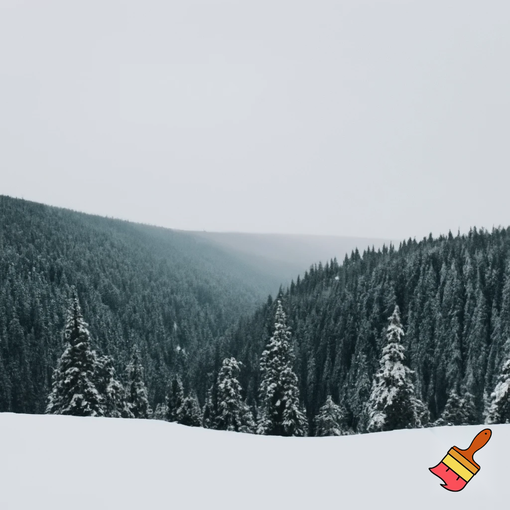 una imagen de un paisaje nevado con bosques