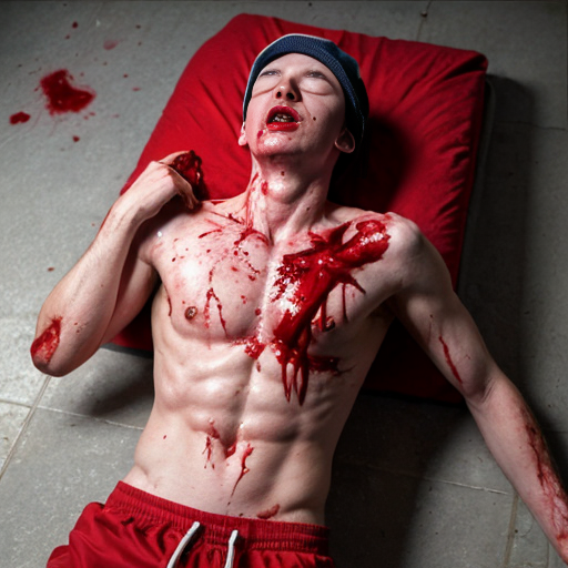 Lifeless man body (18-years old) with red cap on floor, shirt pull into shirtless, blood and organs exposed ribs on center chest, both eyes closed, mouth bleeding blood. 