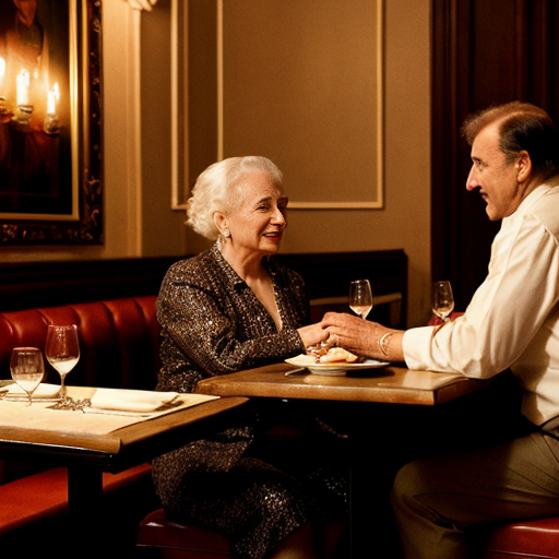 From a comedy film from the 1970s: In a luxury restaurant: An elegant couple is sitting at a table eating dinner. An elegantly dressed, very elderly and stocky waiter stands next to the table and addresses the couple. Elegant ambience, subdued lighting, comical atmosphere.