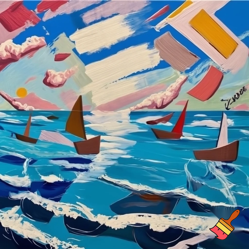 postmodern acrylic painting sea and boats 

