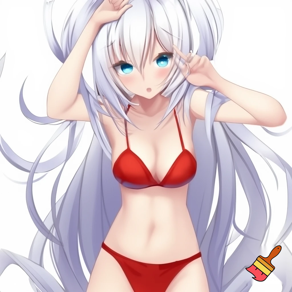 Anime girl 20 years old so cool and cute with red underwear clothes and tall white hair and sky blue eyes and her body is so white and shiny and do cool poses in white screen make it so anime