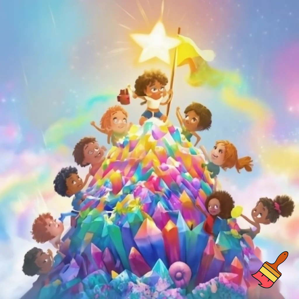 A vibrant, cheerful illustration of a diverse group of kids climbing a colorful, sparkling mountain. One child is at the top, planting a flag shaped like a star
